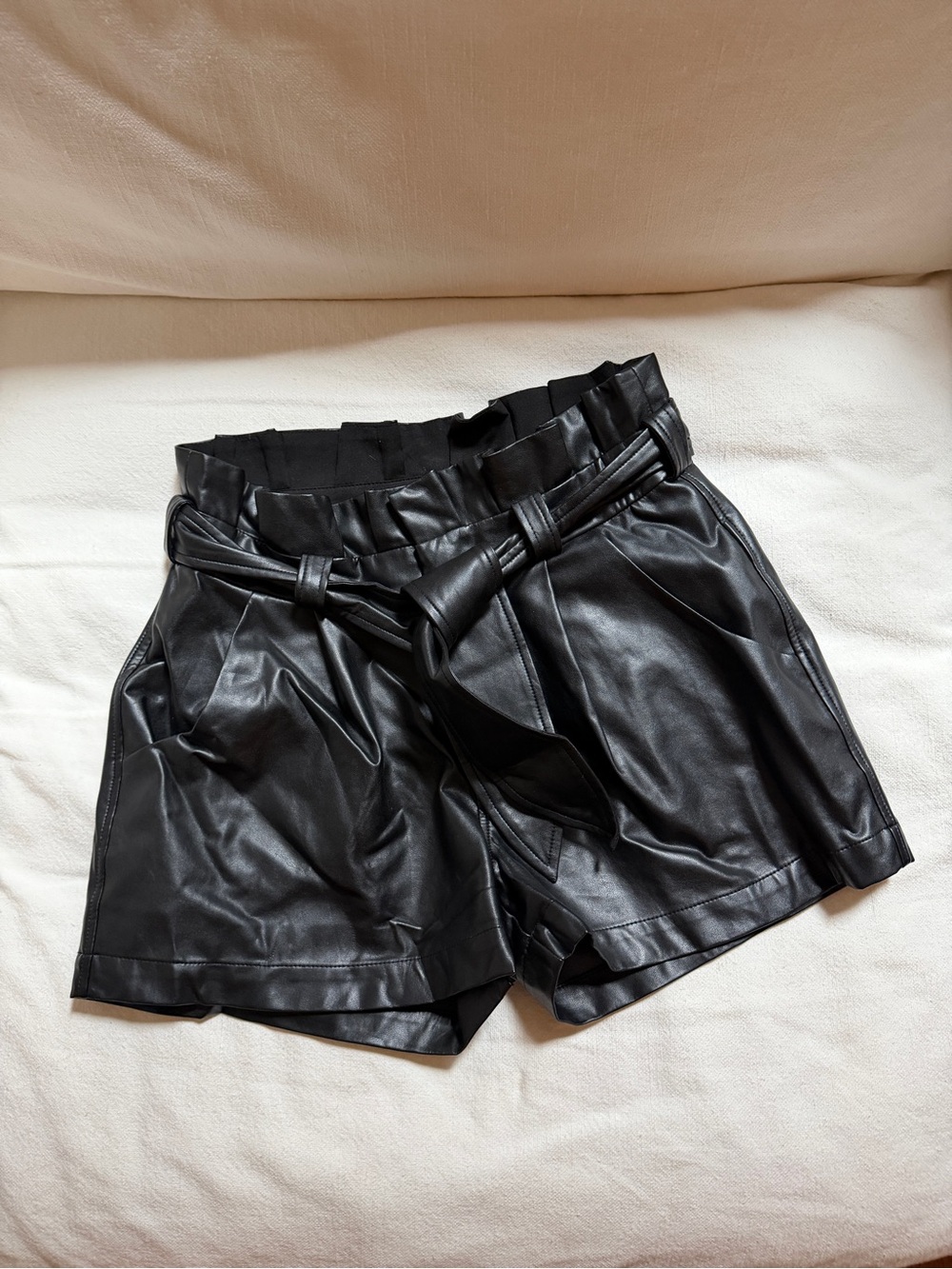 Black Faux Leather Paperbag Waist Shorts